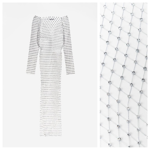 NWT. Zara Silver Semi-Sheer Mesh Rhinestone Midi Dress. Size M. - Picture 6 of 9